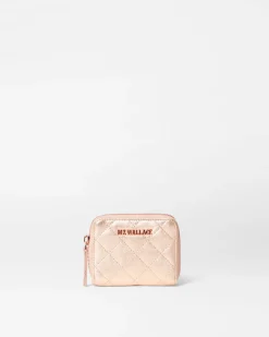 MZ Wallace Accessories|Small Zip Round Wallet RoseGoldMetallicLeather